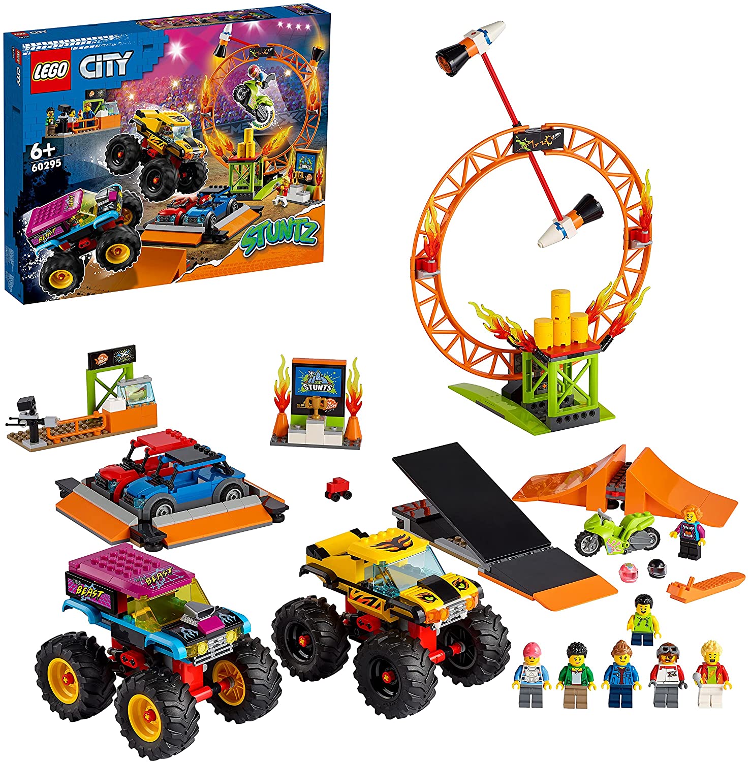 LEGO 60295 City Stuntz Stuntshow Arena, Set of 2 Monster Trucks, 2 Toy Cars