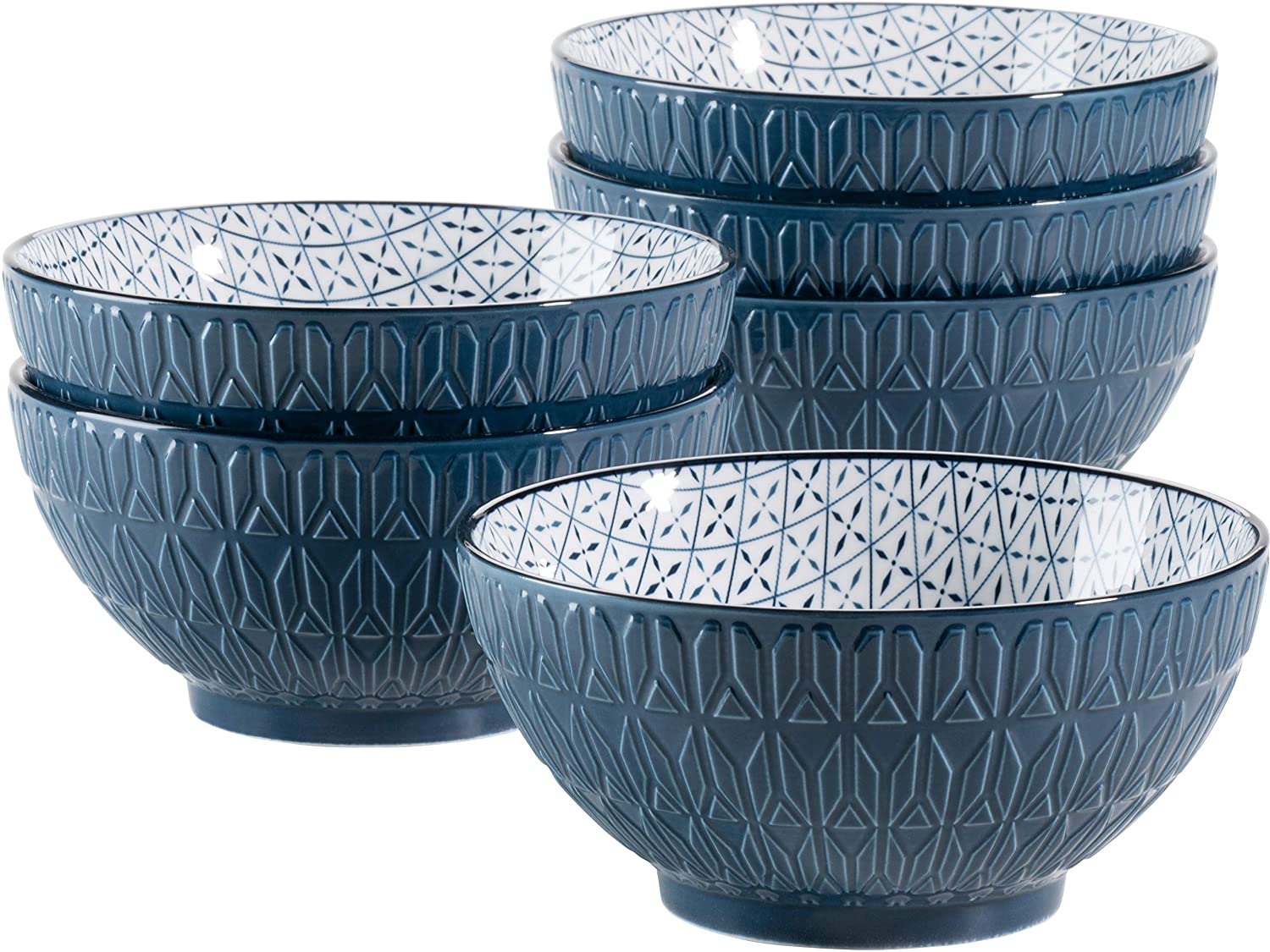 Maser MÄSER 931577 Series Telde Cereal Bowls Set in Catering Quality, 6 Bowls with Pretty Relief Surface and Glazed Decoration, Durable Porcelain, Blue