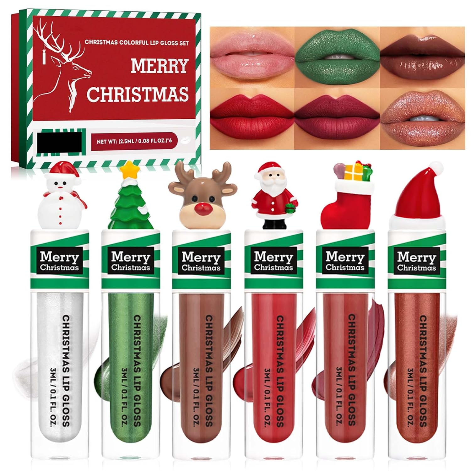 Christmas Lip Gloss Set, 6 Colours Moisture Lip Gloss Gift Set, Shimmer Matt Shiny Liquid Lipstick for Full-Life Lips, Waterproof & Durable Christmas Lips Makeup Set