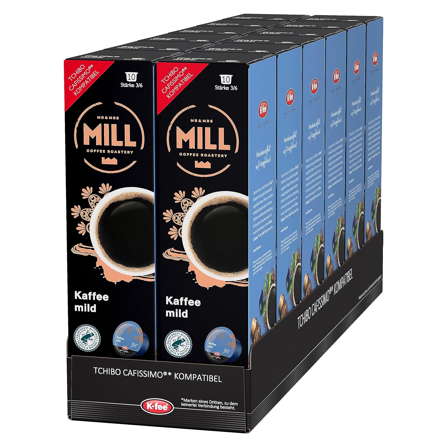 Mr & Mrs Mill Coffee Capsules Coffee Mild, Filter Coffee, Strength 3/6, Compatible with K-fee & Tchibo Cafissimo*, UTZ Certified, 120 Capsules (12 x 10)