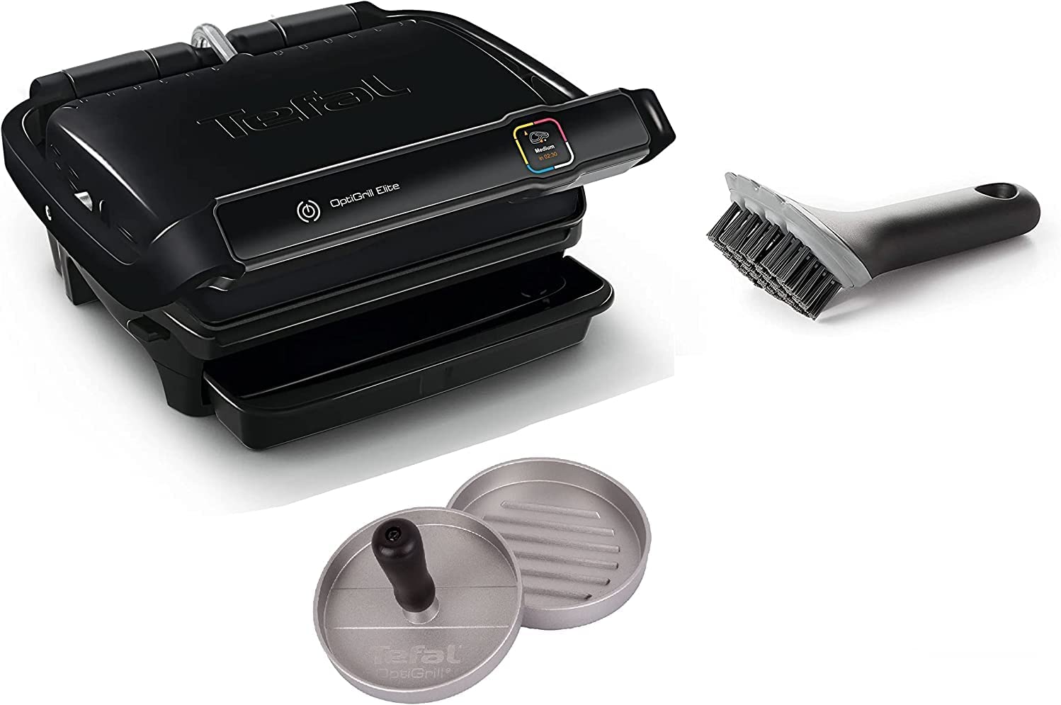 Tefal Optigrill Elite Contact Grill I 2000 Watt I with Hamburger Press + Grill Brush I Indoor & Outdoor Grill I 12 Automatic Programmes I Touch Display I Stainless Steel I Perfect Grilling Results