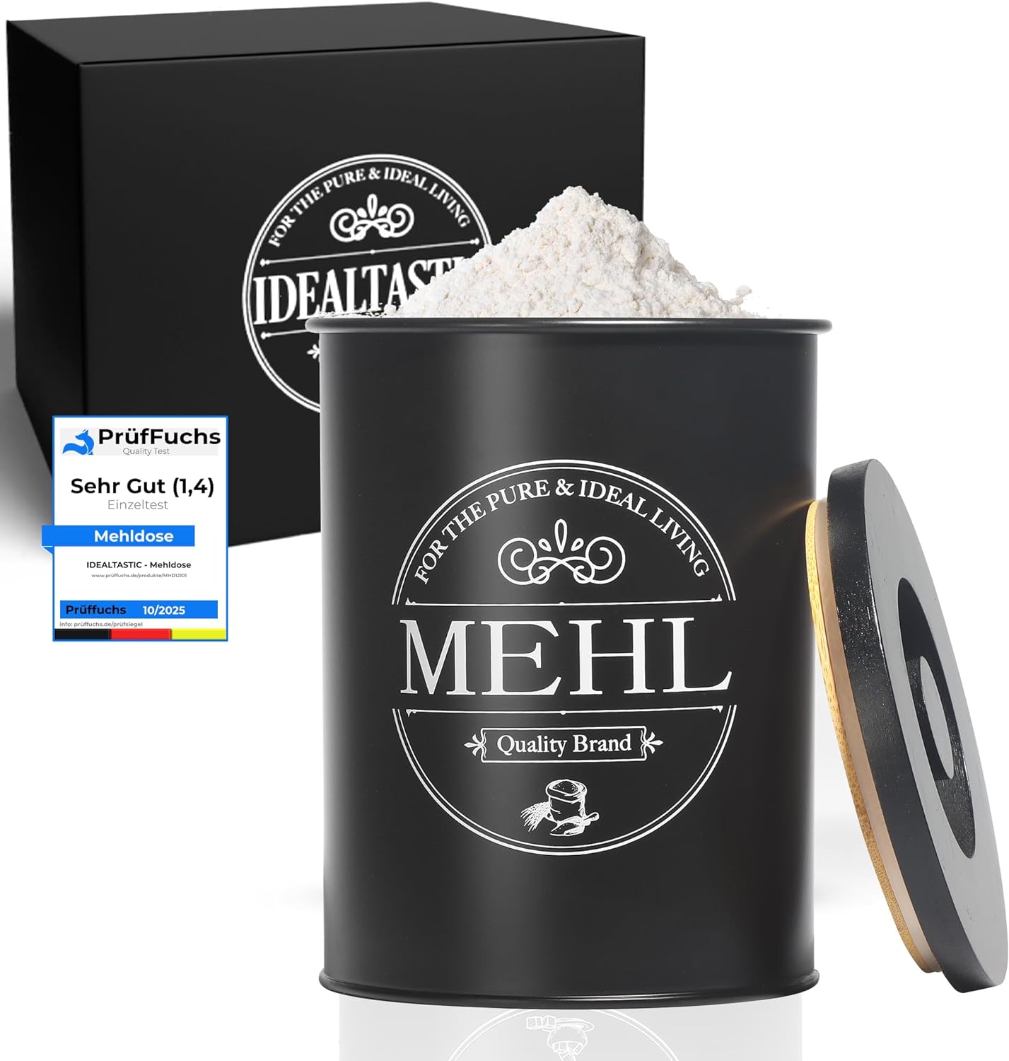 IDEALTASTIC® Premium Flour Storage Black, Airtight Flour Box 500 g for the Kitchen, Robust Flour Container with Time-Saving Lid, Flour Box with Lid, Food-Tested Storage Container Flour
