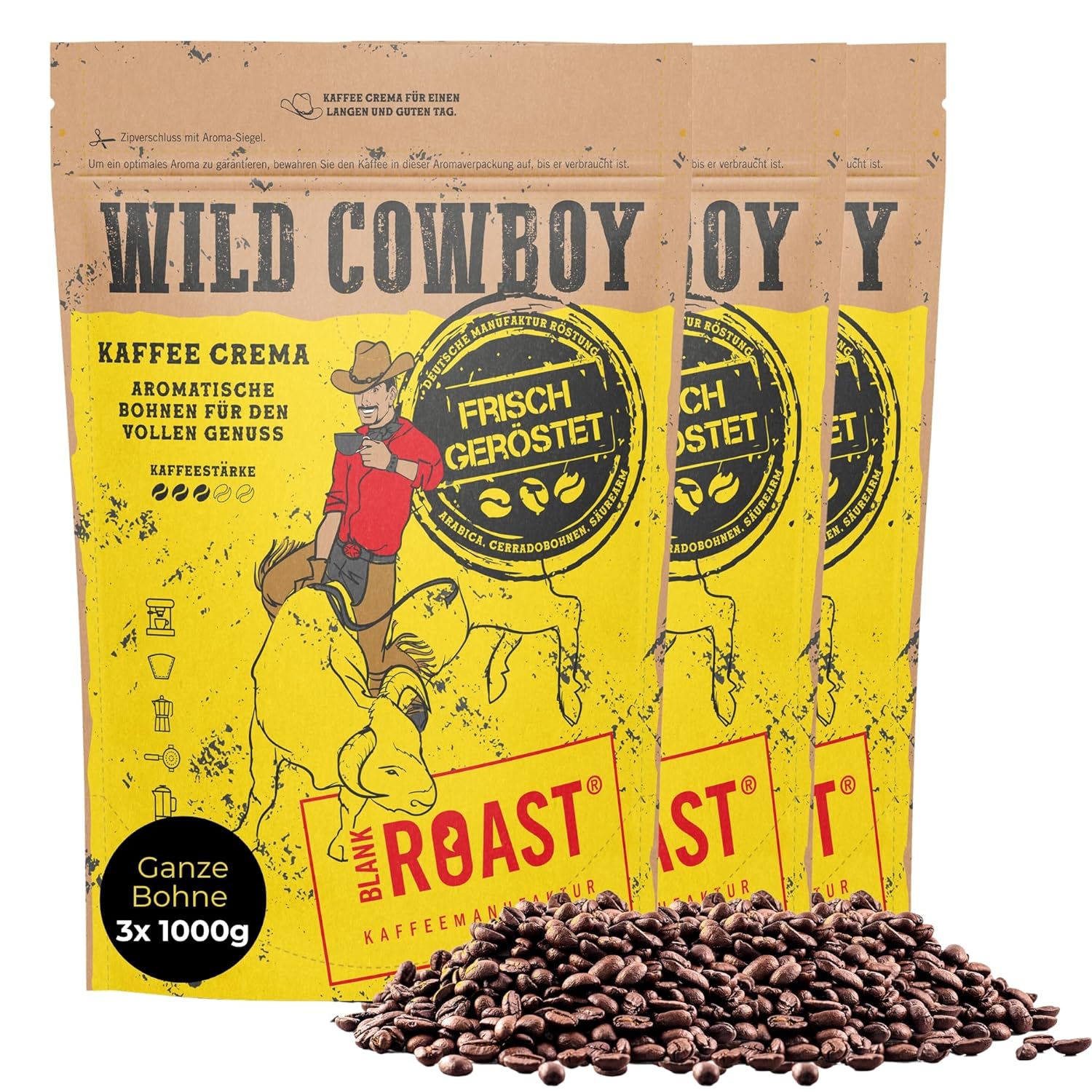 BLANK ROAST Wild Cowboy Crema - Whole Coffee Beans - 100% Arabica Coffee - Gently Roasted with Hickory Wood - Low Acid (3 x 1000 g)