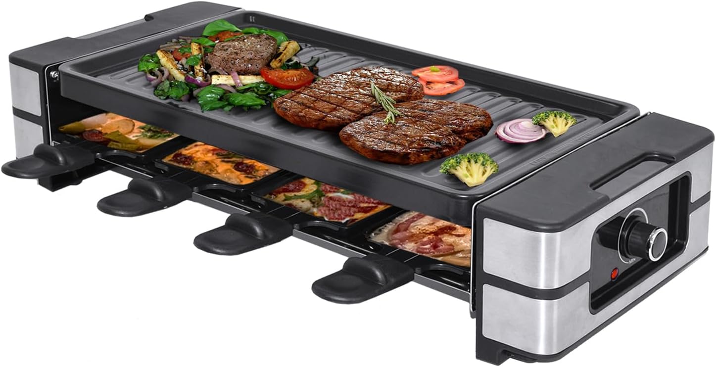 Syntrox Germany 8 x 4-in-1 Raclette Grill, Table Grill, Pans, 8 People, Easy to Clean, Robust and Durable, Black Design, 2000 Watt Power