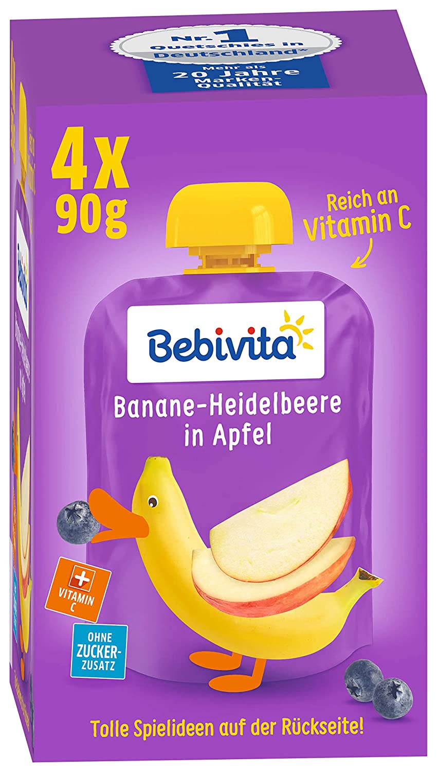 Bebivita Kinder-Spaß, Banane-Heidelbeere in Apfel, 4er Pack ( 4 x 4 x 90 g )
