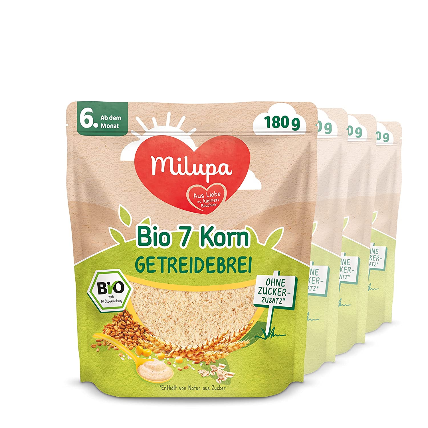 Milupa Bio 7 Korn Getreidebrei, ohne Zuckerzusatz, 4 x 180g