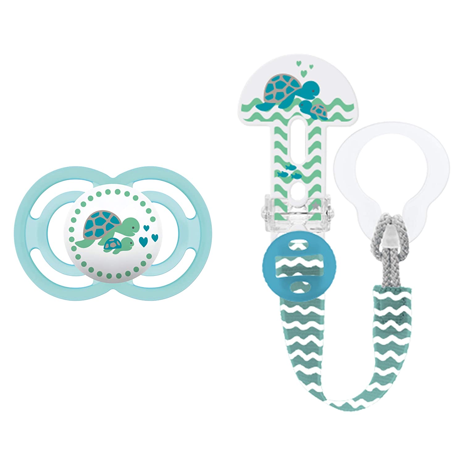 MAM Perfect Dummy and Clip It! Pacifier Strap, Baby Dummy Prevents Tooth Misalignment, Dummy Holder Suitable for Dummies and Teething Rings, 6-16 Months, Turtle