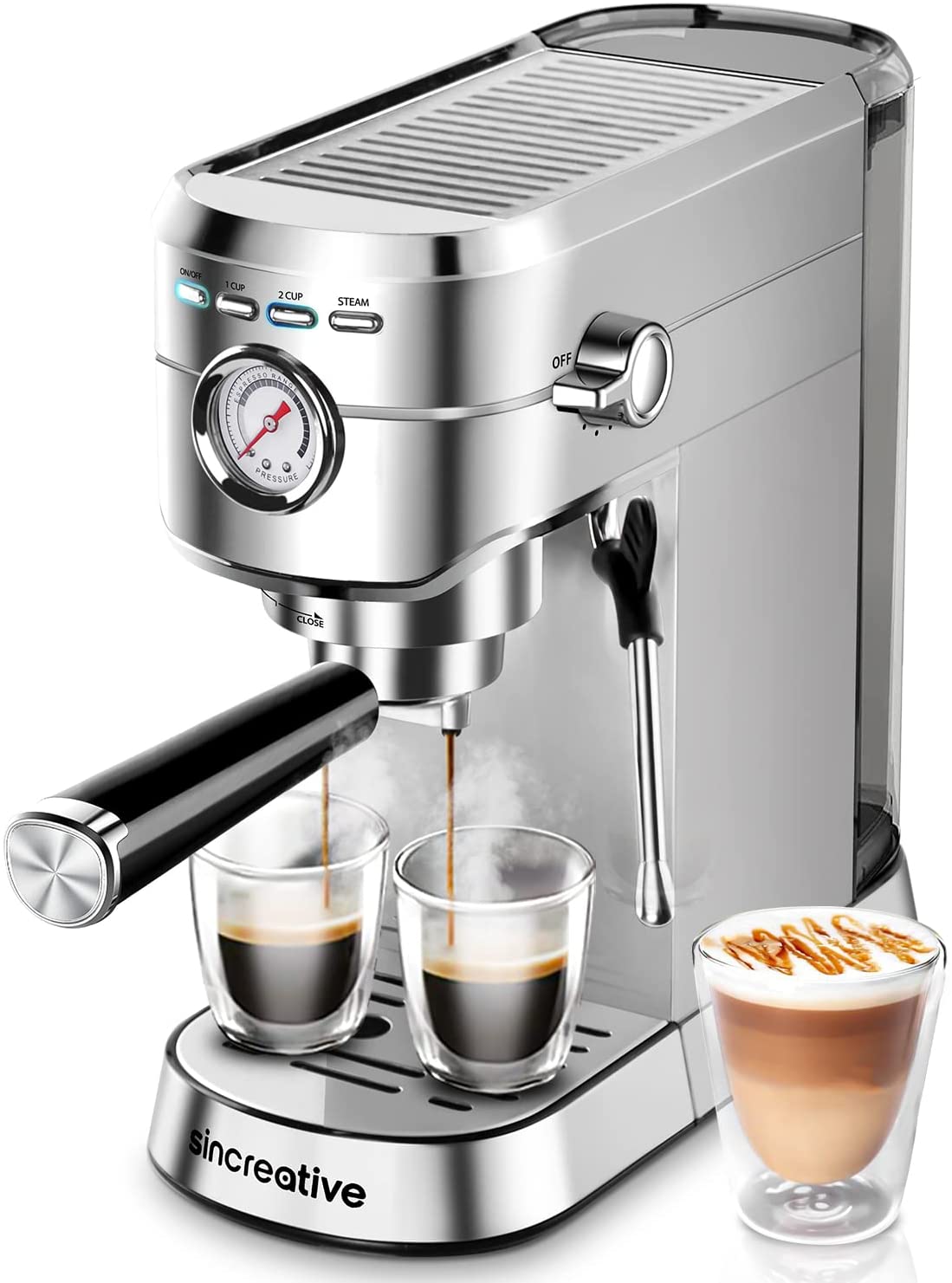Sincreative Barista Portafilter Coffee Machine with Professional Milk Foam Nozzle, 20 Bar Espresso Machine, Portafilter Machine, Small Cappuccino Machine, Espresso Filter Holder Machine