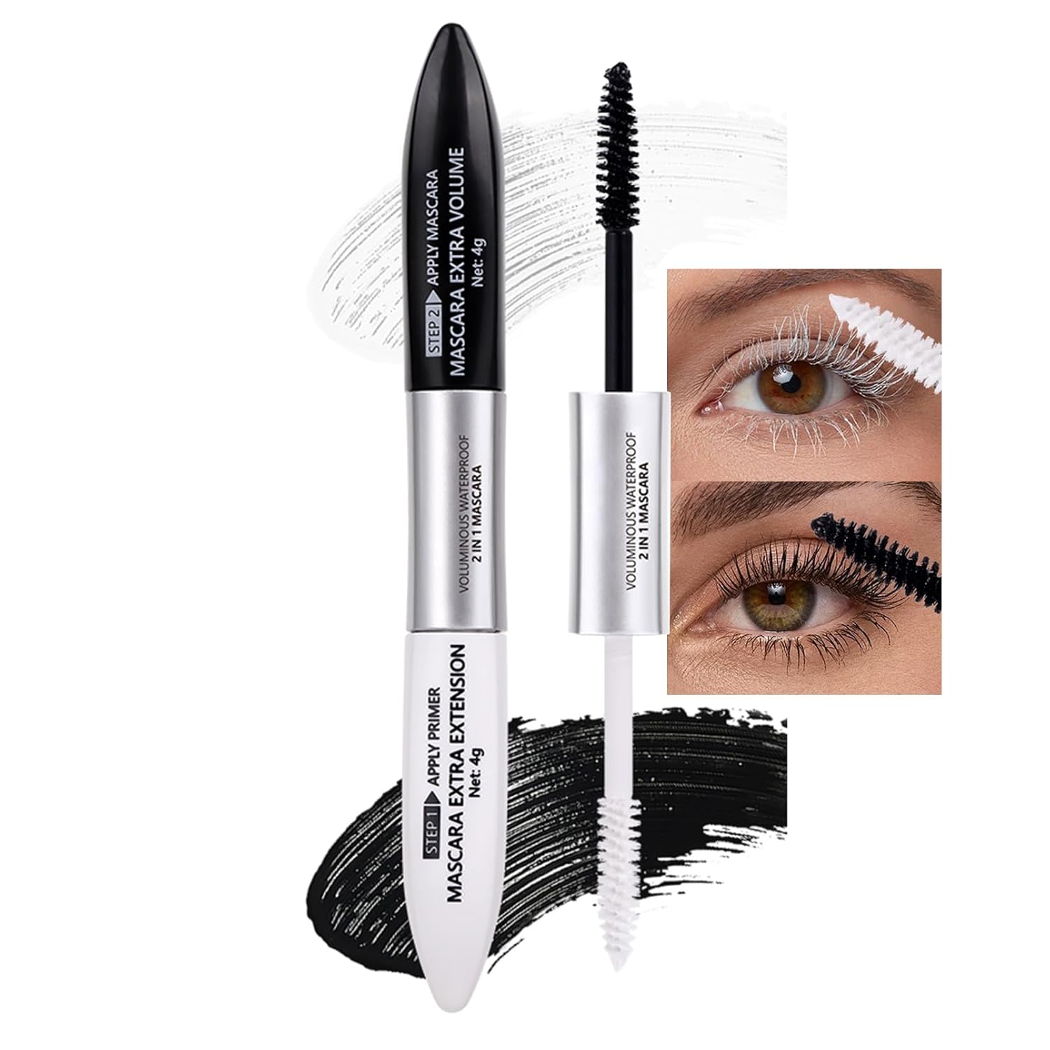 2-in-1 Mascara + Primer, 5D White Eyelash Primer & Mascara Waterproof, Telescopic Mascara, Smudge-proof & Durable, Volumizing & Curl Mascara Primer for Extremely Long Eyelashes, Eye Make-Up