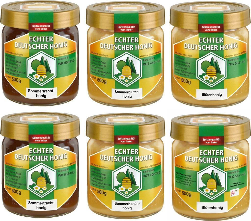 Echter Deutscher Honig - 6 Gläser - Set aus je 2x 500g Blütenhonig, Sommerblütenhonig, dunkler Sommertracht