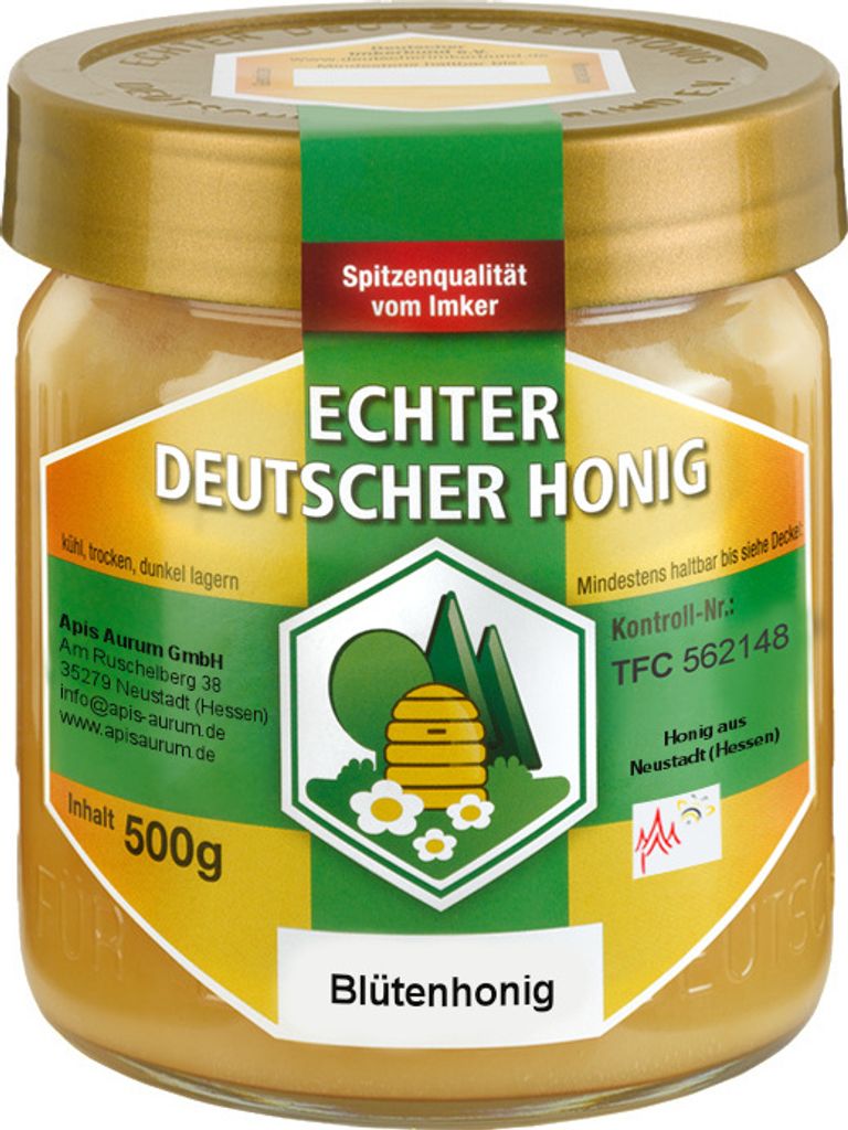 Echter Deutscher Honig vom Imker aus Neustadt in Hessen. 1x500g Blütenhonig - schonend geerntet, schonend verarbeitet, fein gesiebt und ungefiltert