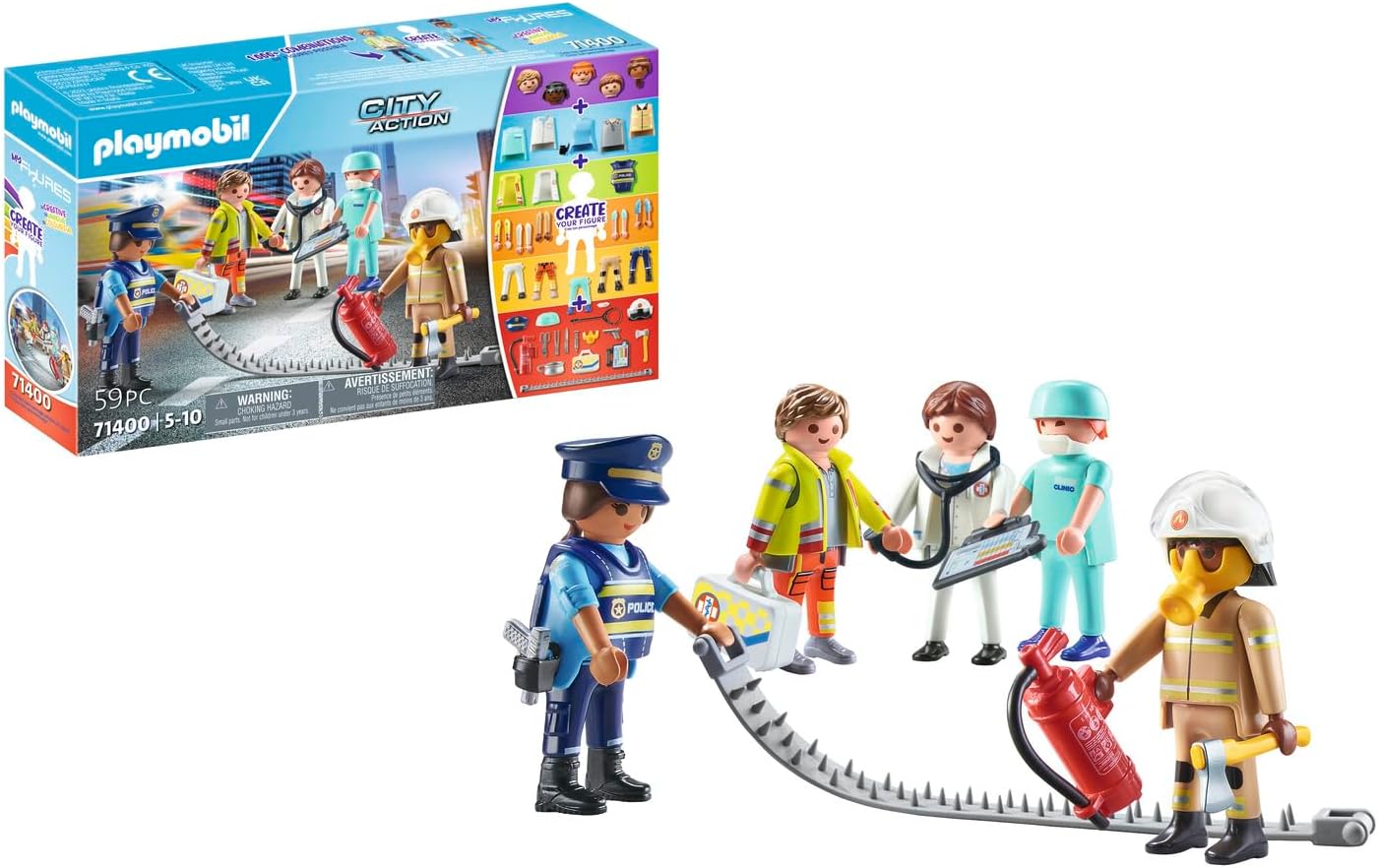 PLAYMOBIL My Figures 71400 Rescue, City Action, 5 Toy Figures with Over 1000 Combination Options, with Accessories such as Fire Extinguisher, First Aid Kit and Gun, Toy for Children from 5 Years