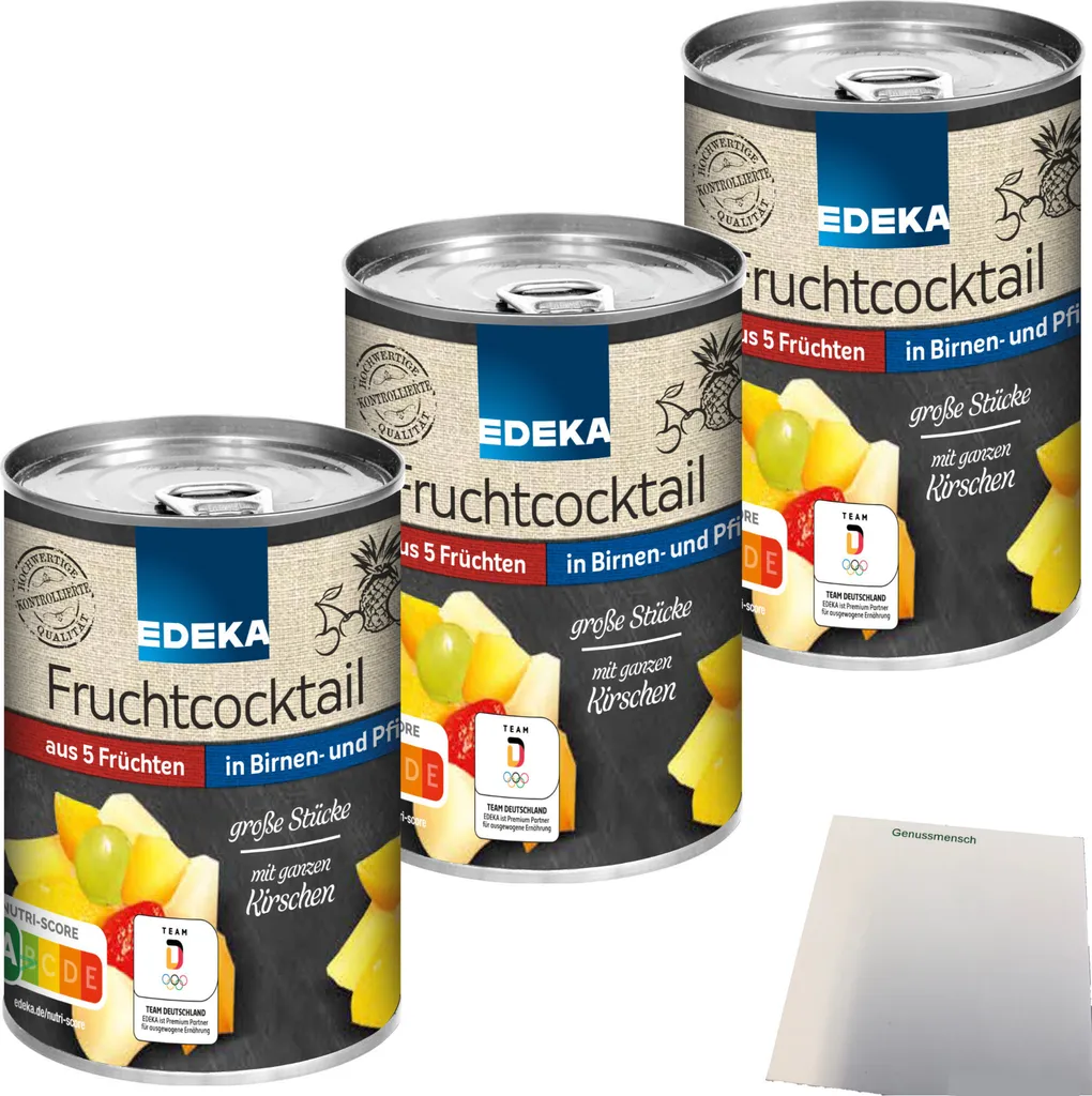 Edeka 5-fruit cocktail large pieces in pear and peach juice 3-pack (3x410g can) + usy block
