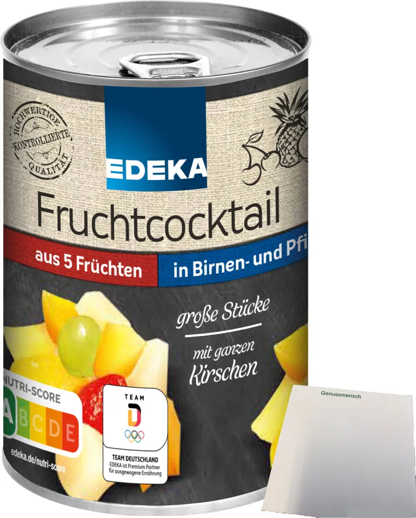 Edeka 5-fruit cocktail large pieces in pear and peach juice (410g can) + usy block