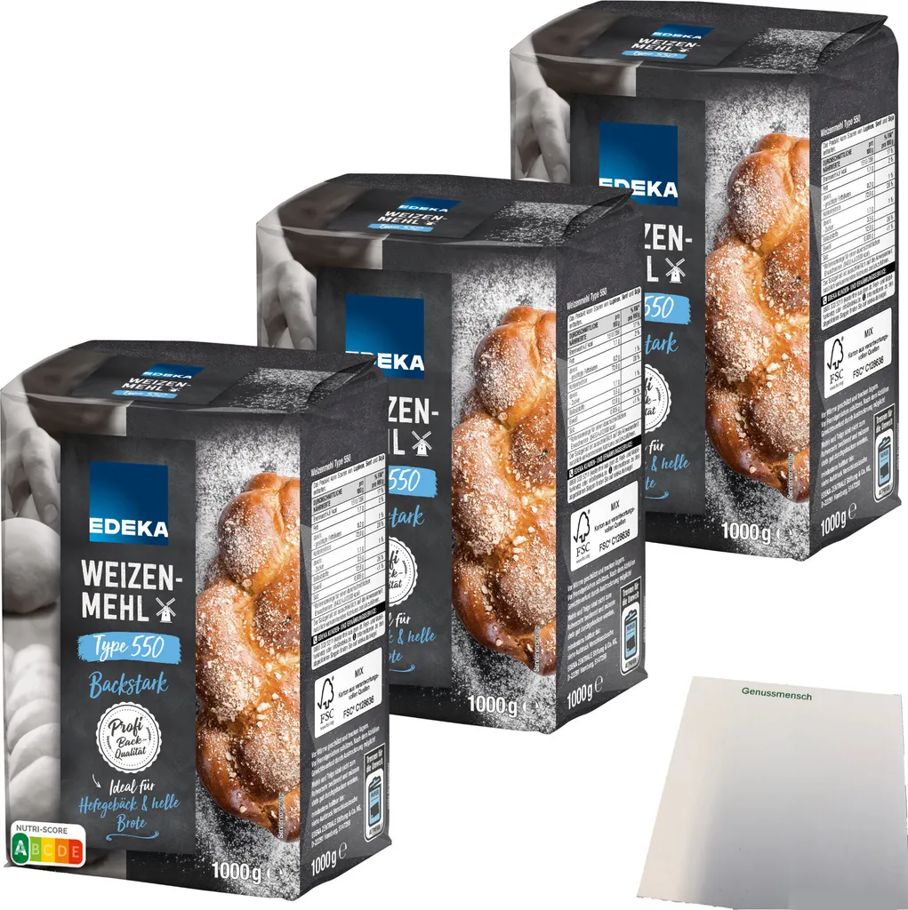 Edeka wheat flour type 550 ideal for yeast pastries and light breads 3-pack (3x1kg pack) + usy block