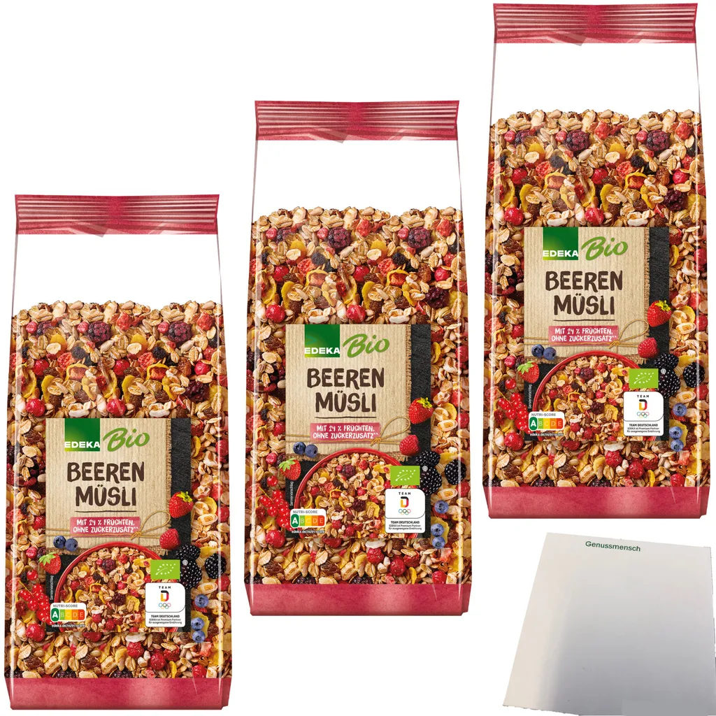 EdekaBeeren Müsli mit 24 % Früchten und Hafer- Roggen- und Weizenvollkornflocken 3er Pack (3x750g Packung) + usy Block