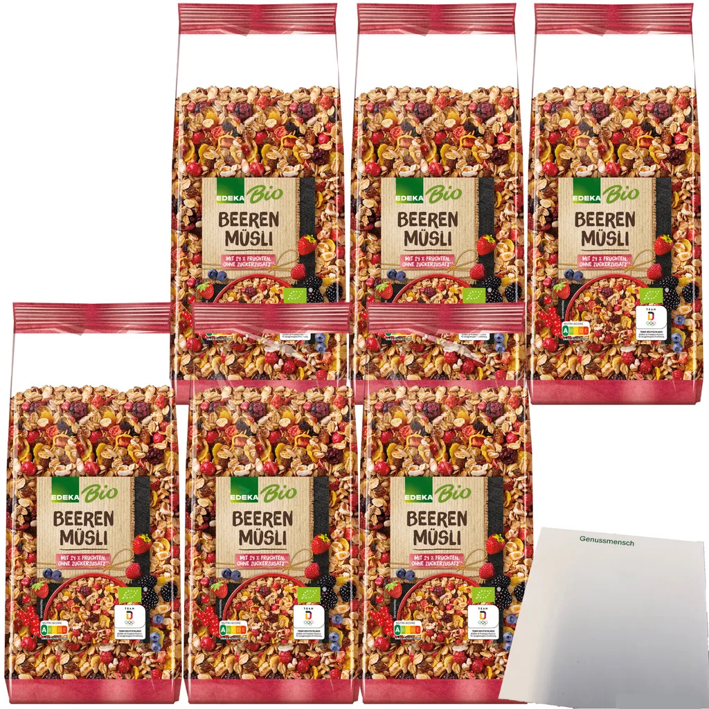 EdekaBeeren Müsli mit 24 % Früchten und Hafer- Roggen- und Weizenvollkornflocken 6er Pack (6x750g Packung) + usy Block
