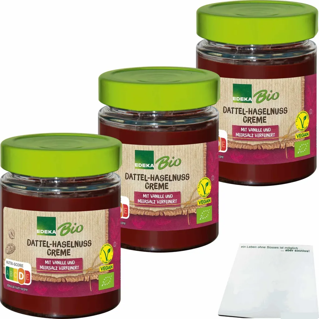 EdekaDattel- Haselnuss Creme mit Vanille und Meersalz 3er Pack (3x240g Glas) + usy Block