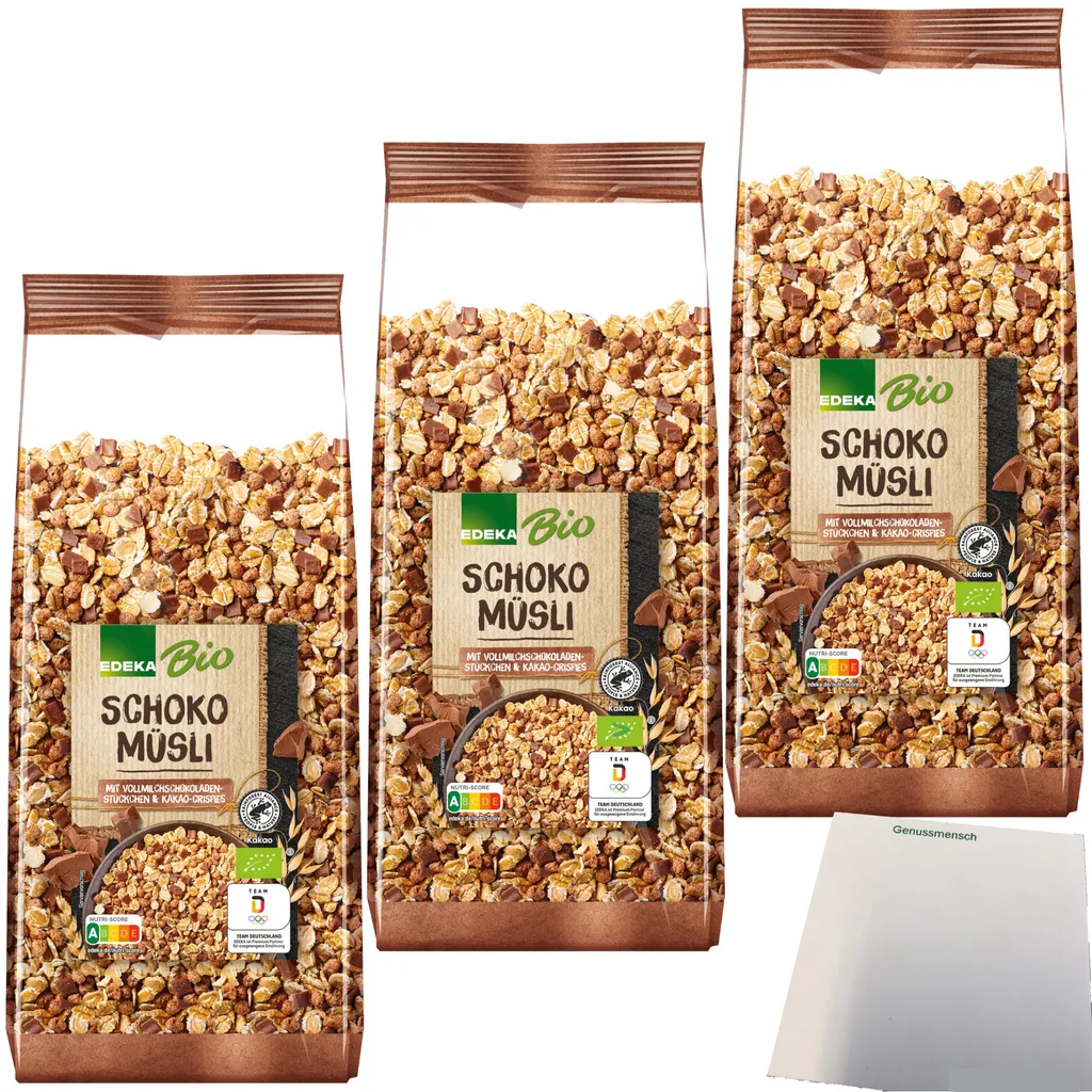 EdekaSchoko Müsli mit Vollmilchschokoladenstückchen und Kakao-Nips 3er Pack (3x750g Packung) + usy Block