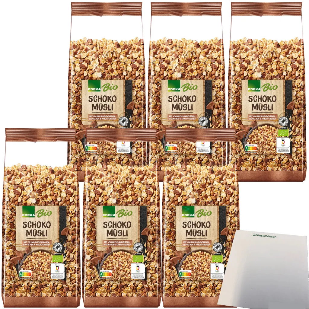 EdekaSchoko Müsli mit Vollmilchschokoladenstückchen und Kakao-Nips 6er Pack (6x750g Packung) + usy Block