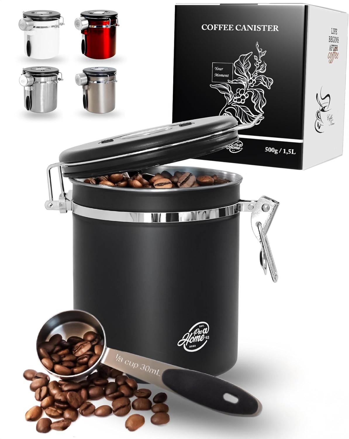 Coffee Canister Airtight 500 g - Black - Coffee Bean Storage Container 1.5 L Made of Stainless Steel with Calendar Function Includes Dosing Spoon Delivered in Gift Box