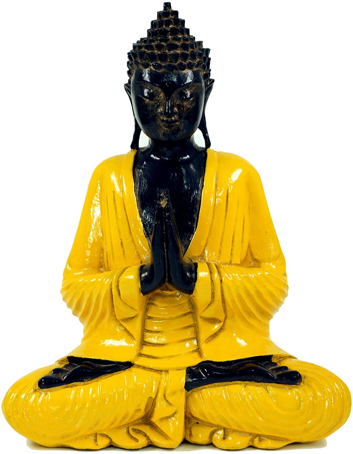 GURU SHOP Carved Sitting Buddha in Anjali Mudra, Yellow, 30 x 25 x 13 cm, Buddhas