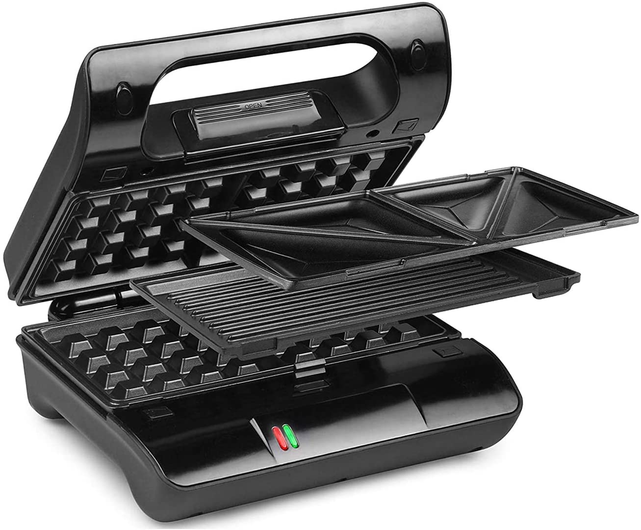 Kontaktgrill With barbecue tongs, waffle iron and sandwich maker 3-in-1 interchangeable plates, 23 x 13 cm.