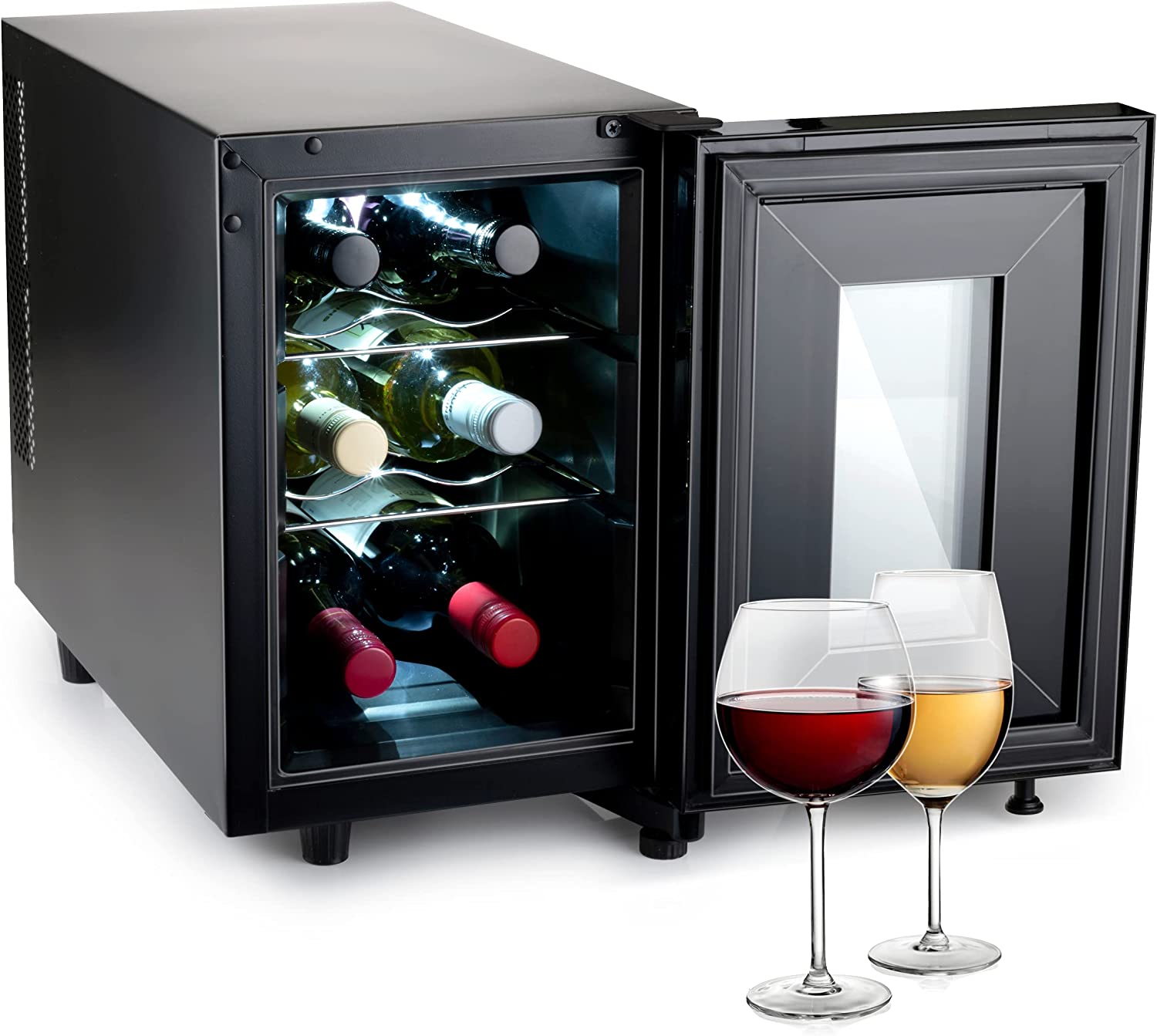 alpina Wine Fridge - 230 V - 6 Bottles / 17 L - Temperature Adjustable from 11 °C to 18 °C - Digital Display - Glass Door and Interior Lighting - Black