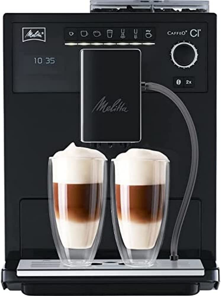 Melitta Caffeo CI E970-003, fully automatic coffee machine with milk container, two-chamber bean container, one touch function, pure black