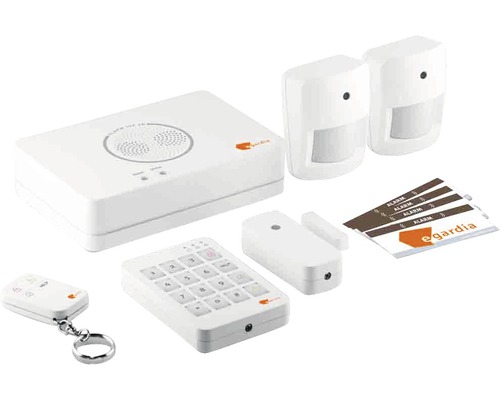 egardia alarm system starter set including control center, 2 x motion detectors, opening detectors, control panel, remote control and 4 x door/window stickers