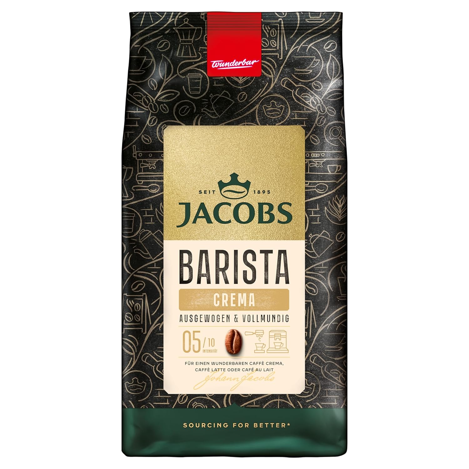 Jacobs Barista Crema Coffee Beans 1 kg - Balanced, Citrus Note, Nutty, Arabica & Robusta Beans, Intensity 5/10, Ideal for Coffee Crema