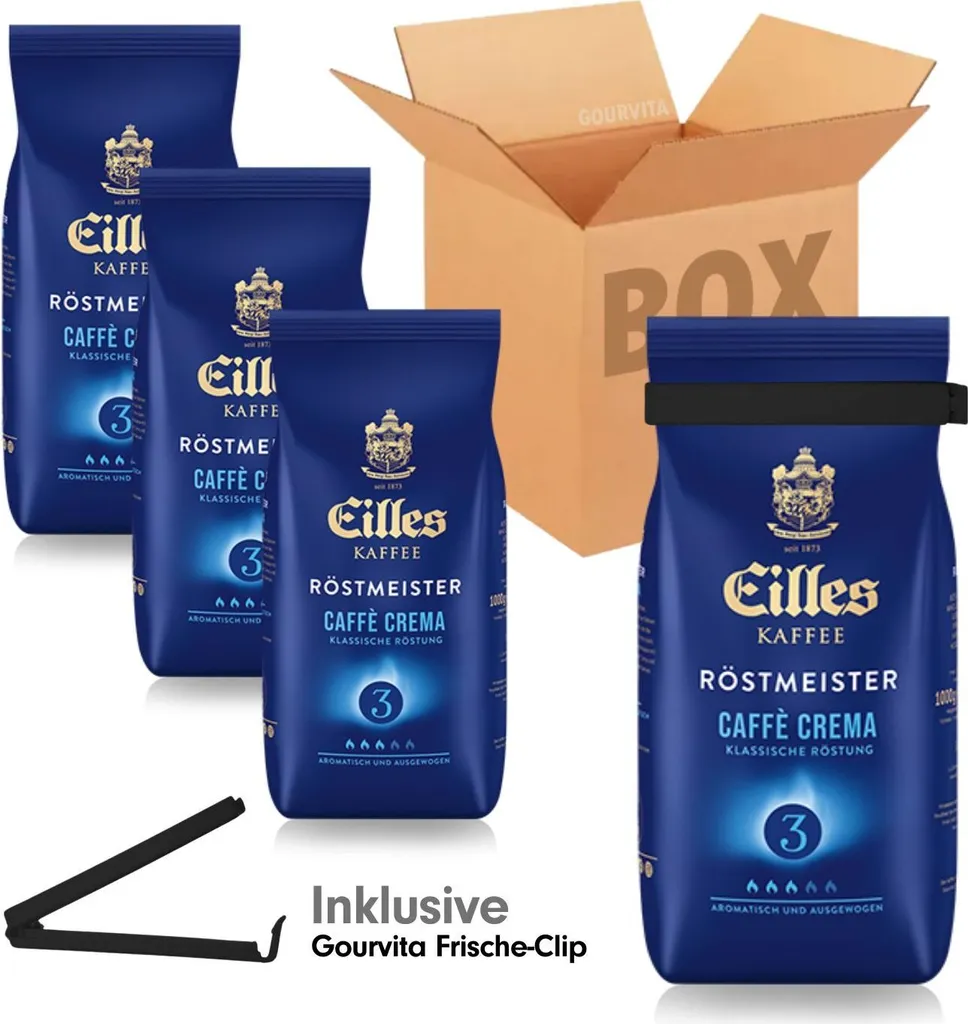 Eilles Coffee SAVINGS BOX Röstmeister Caffè Crema + free Gourvita Freshness Clip, 4x1000g beans