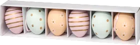 Plastic eggs in box with gold, pastel colors (60 mm), 6 pcs