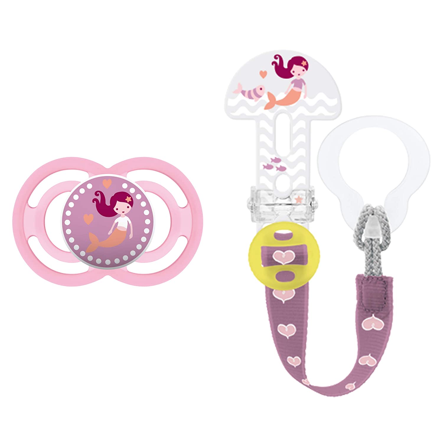MAM Perfect Dummy and Clip It! Dummy Clip, Baby Pacifier Prevents Tooth Misalignment, Dummy Holder Suitable for Dummy and Teething Rings, 6-16 Months, Mermaid