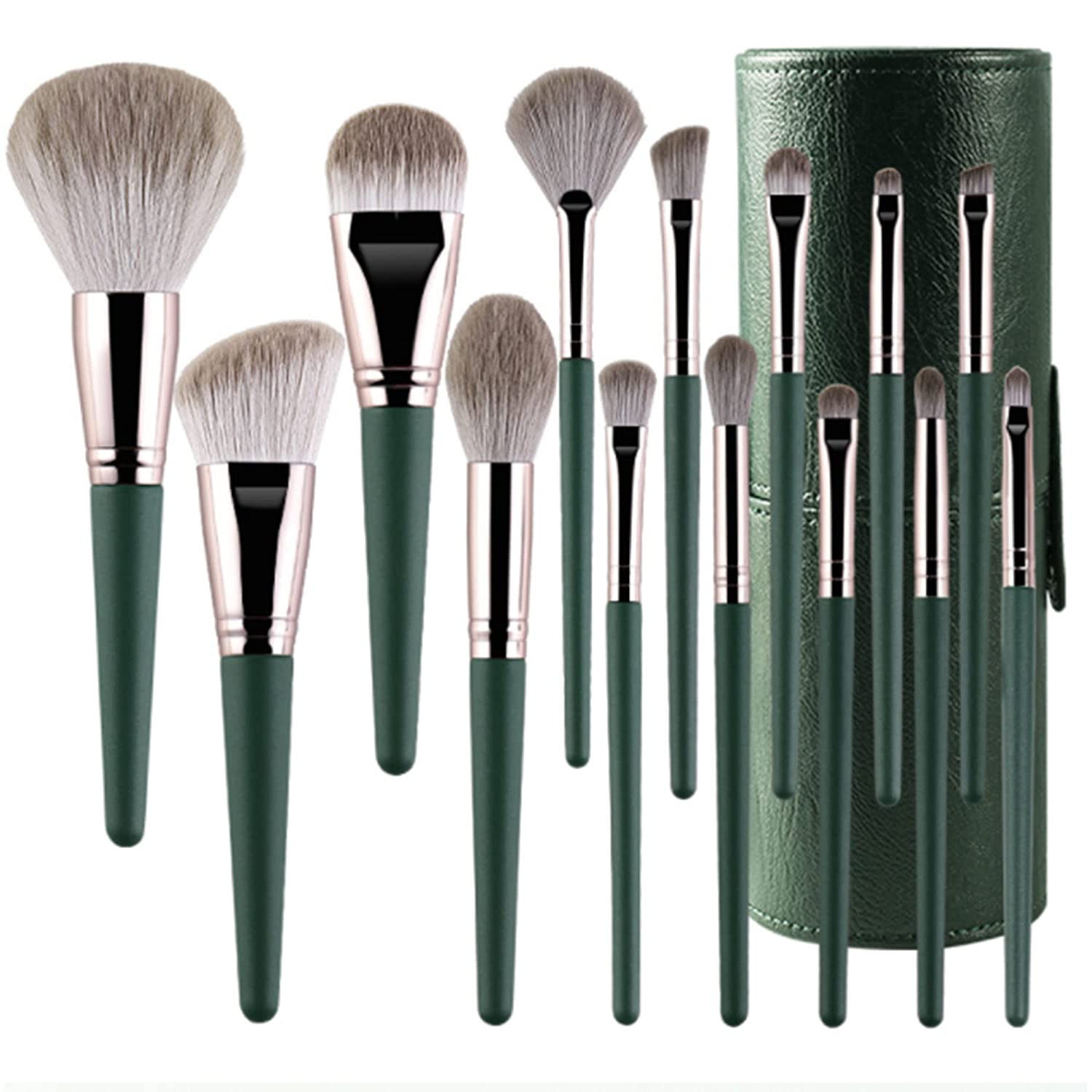 N / C 14 Stück Professional Pinselset Makeup Brushes Set, Mit Kosmetiketui, Einfach zu Tragen und Aufzubewahren, Lidschatten, Rouge, Mischung, Vollgesichts-Kosmetik-Kit, Holzgriff (Grün)