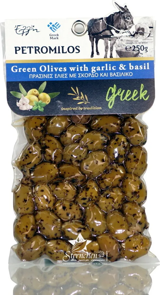 ELLIE 14011 Green Olives Garlic & Basil 250g vacuum packed PETROMILOS from Crete