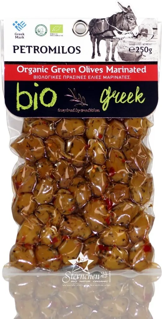 ELLIE 14511 Organic Green Olives marinated 250g vacuum packed PETROMILOS