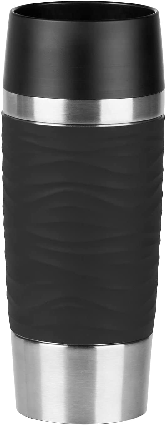 Emsa N2010900 Travel Mug, Wave Design Vacuum Mug, Stainless Steel Case (18/10), Black , 360ml