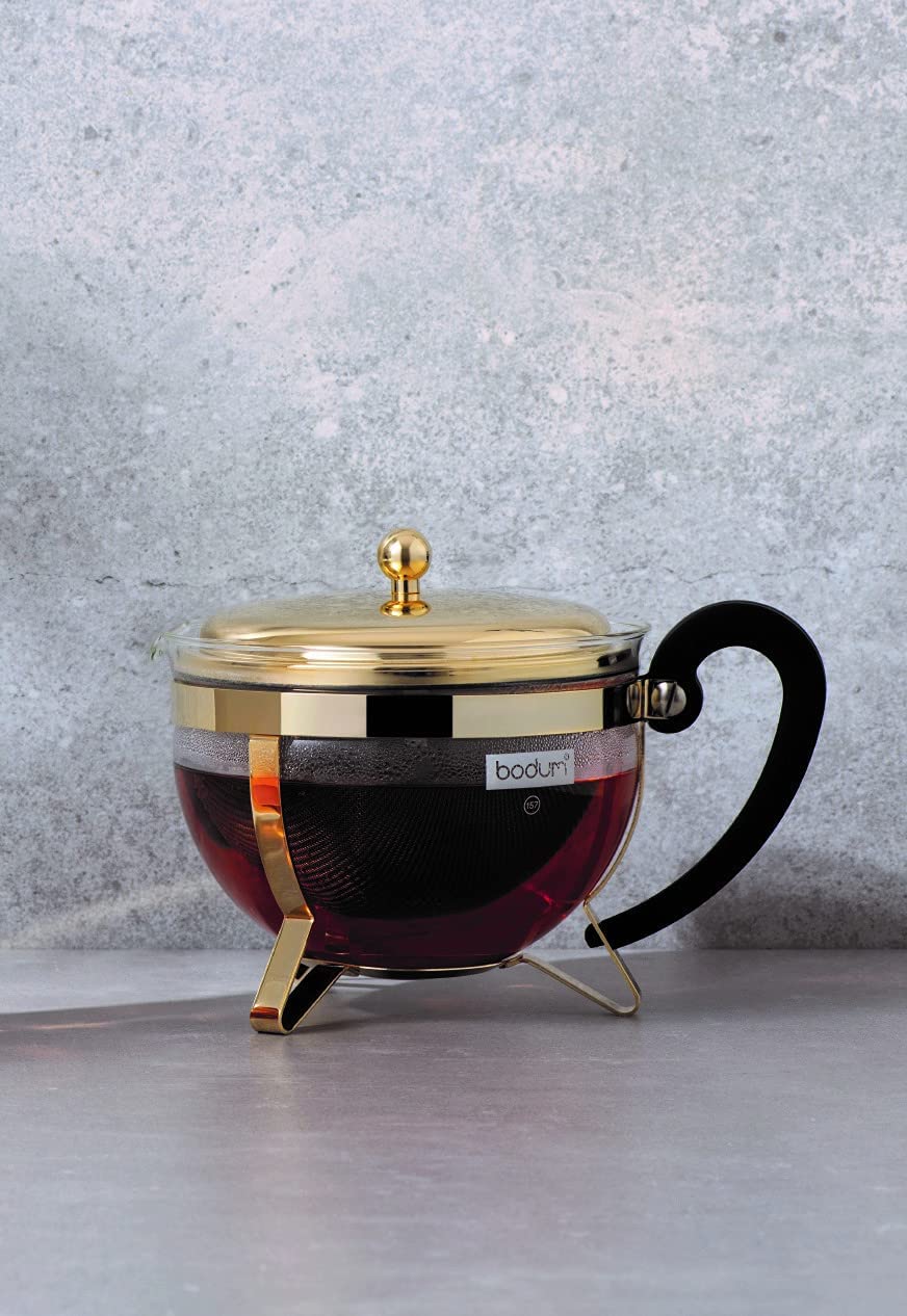 Bodum Chambord Teapot with Metal Frame, Chrome, Gold, 1.3 L