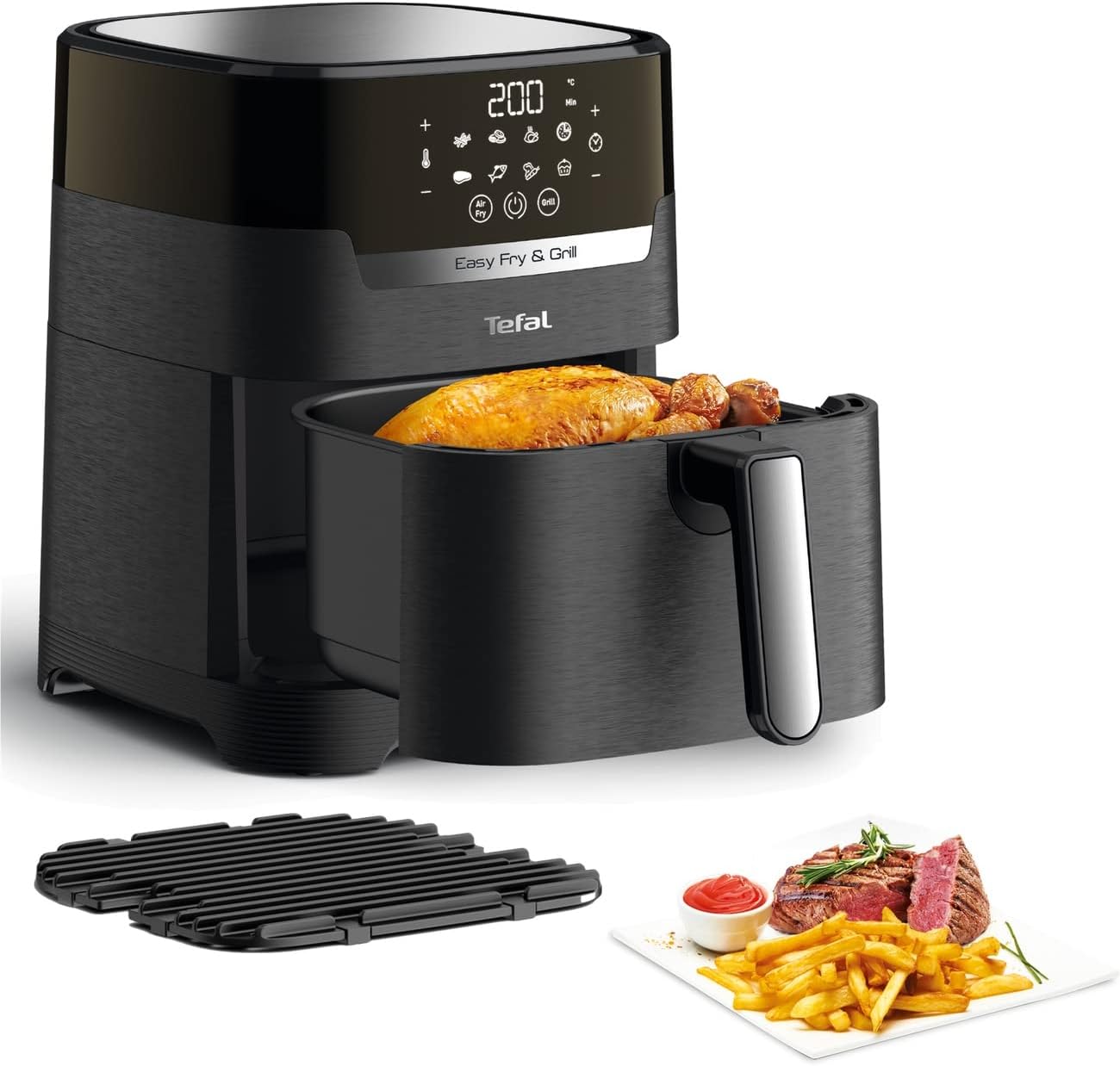Tefal Fry & Grill Power Hot Air Fryer Fryer + Digital Recipe Book App, Die-Cast Aluminium Grill Plate, 2-in-1 Hot Air Fryer and Grill, Touch Display, 4.2 L, 8 Auto Programmes