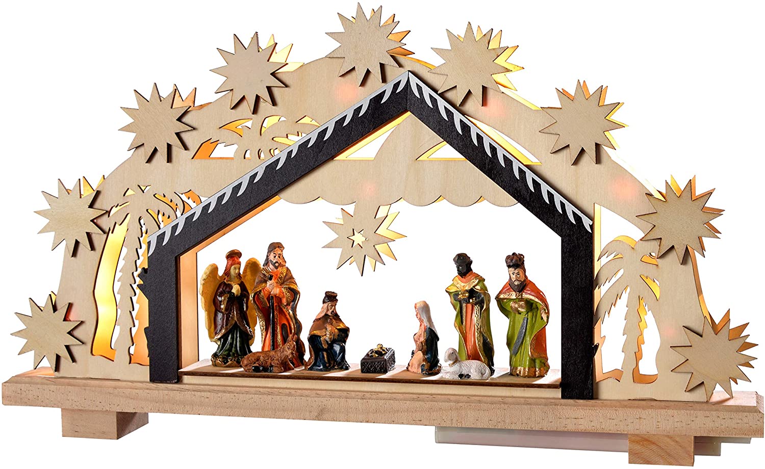WeRChristmas Pre-Lit 24 cm Christmas Wooden Nativity Scene Decoration Illuminated with 8 Warm White LED, multicoloured, Small