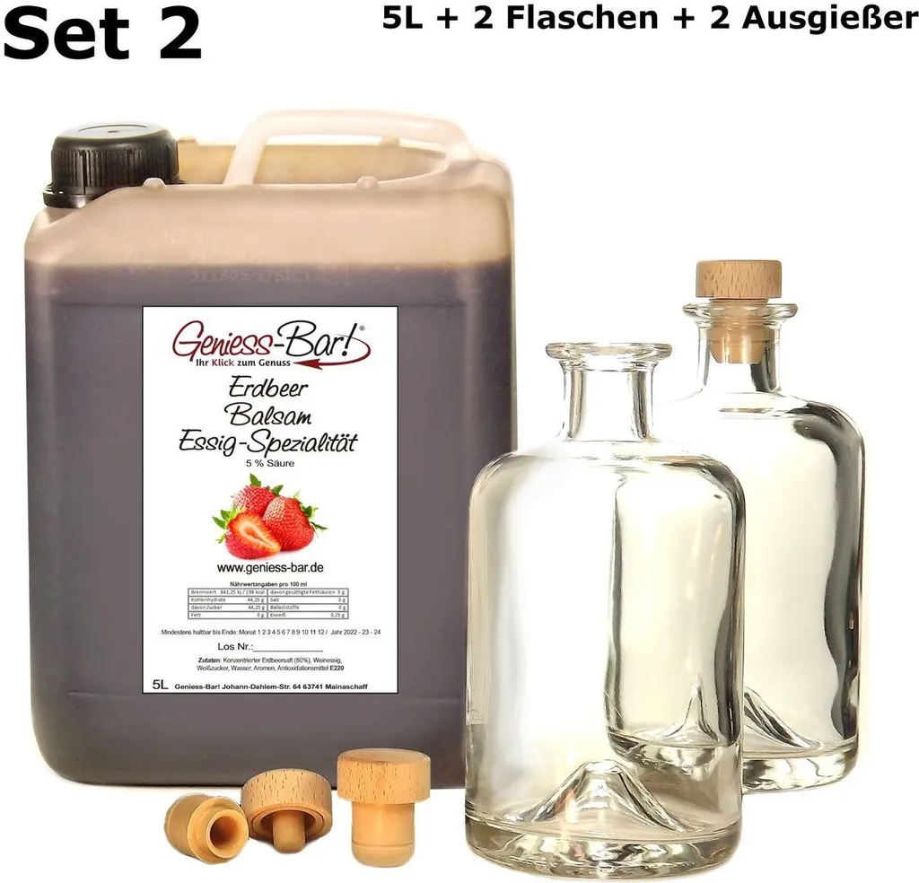 Strawberry Balsamic Vinegar - Specialty 5L with 2 bottles and pourers 80% fruit juice full-fruity aromatic and very mild 5% acidity
