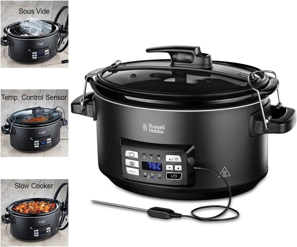 Russell Hobbs 3-in-1 Multi-Purpose Cooker (Sous Vide Cooker, Slow Cooker, Casserole Dish with Core Temperature Sensor), Dishwasher Safe, 6.5 L Ceramic Pot, Digital Display, Temperature Display, Timer, 25630-56