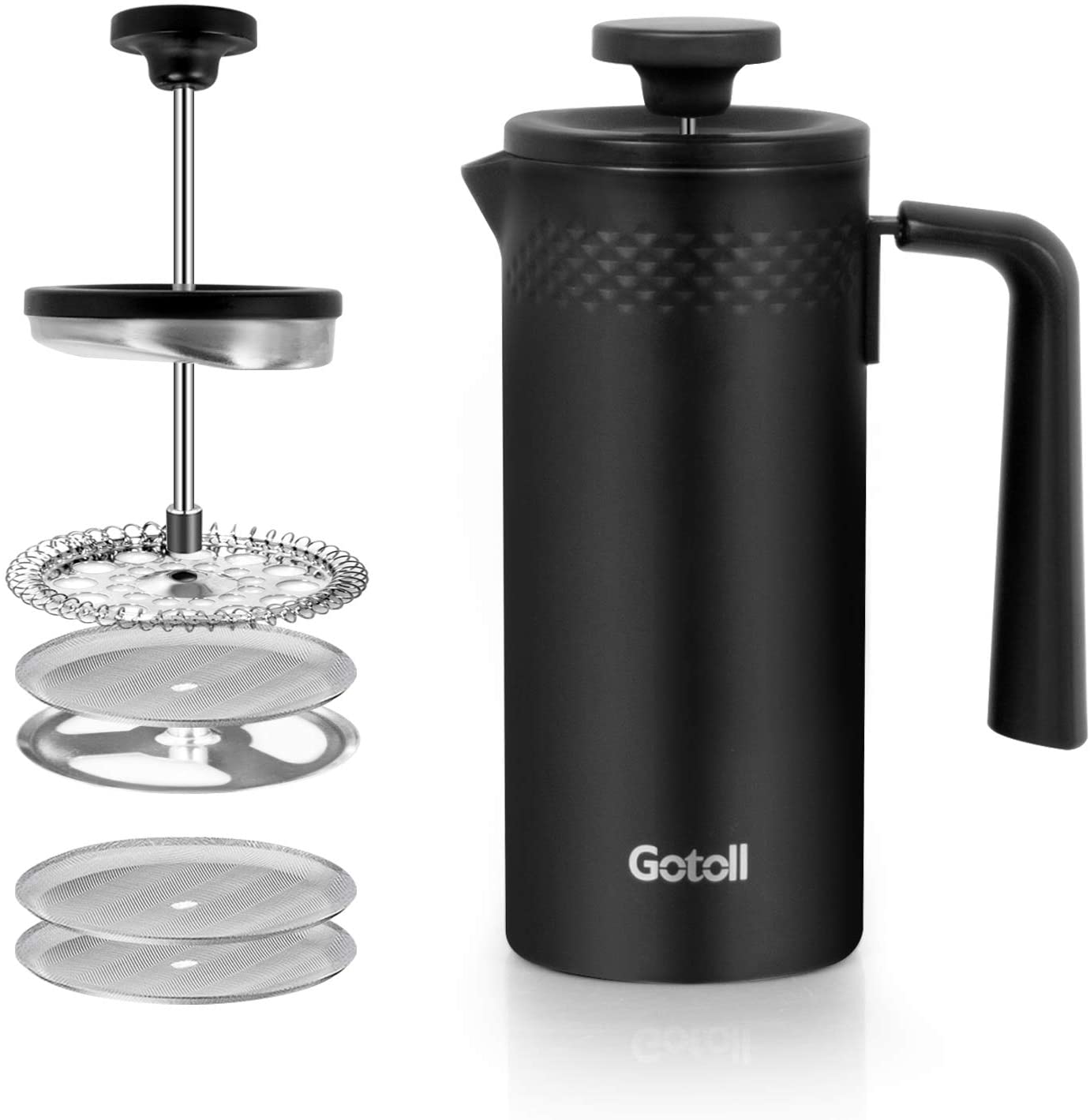 Gotoll Stainless Steel Coffee Maker, French Press 0.35 Litres, Coffee Press with 3 Replacement Strainers, Coffee Jug for 3 Cups - Black