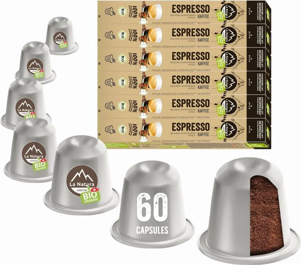 Espresso Coffee - 60 Coffee Capsules | La Natura Lifestyle Organic 306g | Bio-based | Nespresso®*³ compatible