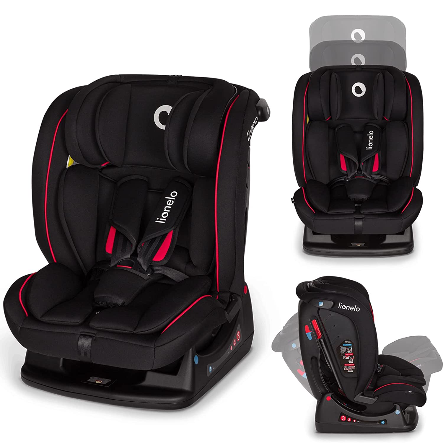 LIONELO Aart Child Car Seat from 0-36 kg, Group 0/1/2/3, ECE R44/04, 5-Point Harness System, Reverse Driving Option, Headrest and Tilt Adjustment, Additional Side Protection (Black Carbon Red)