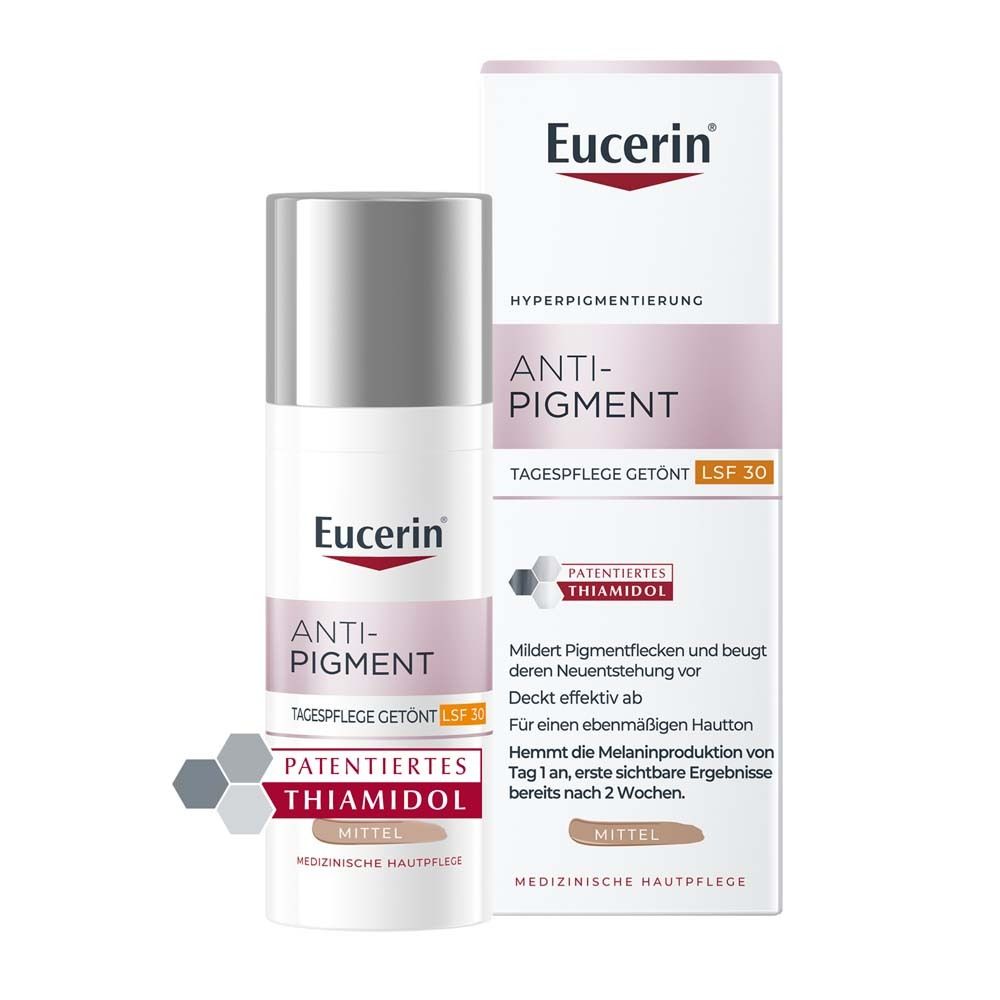 Eucerin Anti-Pigment Day Cream with Thiamidol®, fast-absorbing, tinted anti-pigment cream with SPF 30, medium + Eucerin Anti-Pigment Cleansing Gel 20ml FREE