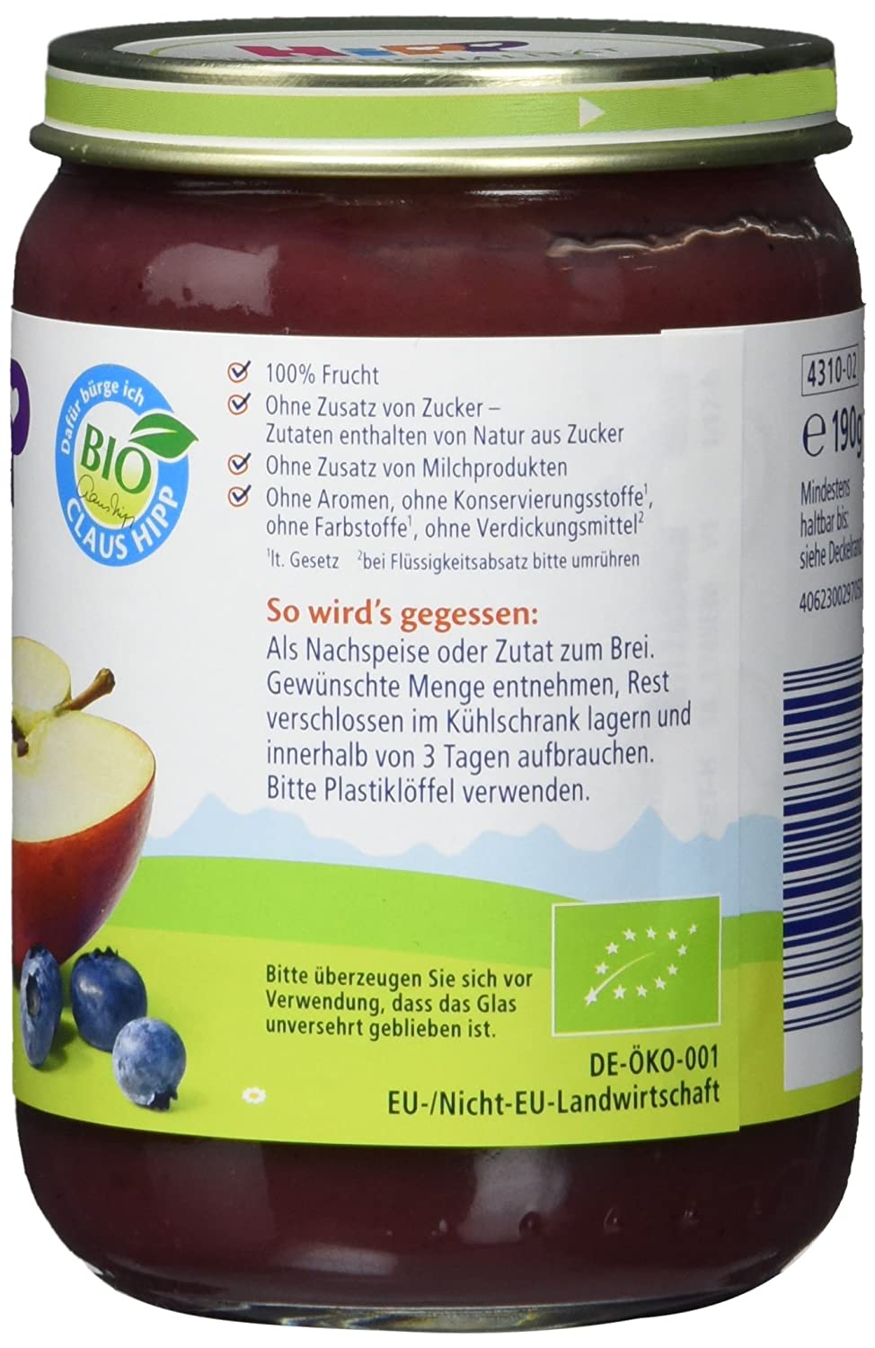 HiPP Früchte Heidelbeeren in Apfel, 6er Pack (6 x 190 g)