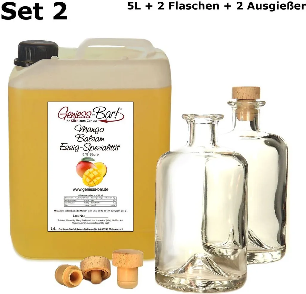 Exotic Mango Balsamic Vinegar - Specialty 5L incl. 2 bottles and 2 pourers with 40% fruit pulp, full-fruity & very mild 5% acidity