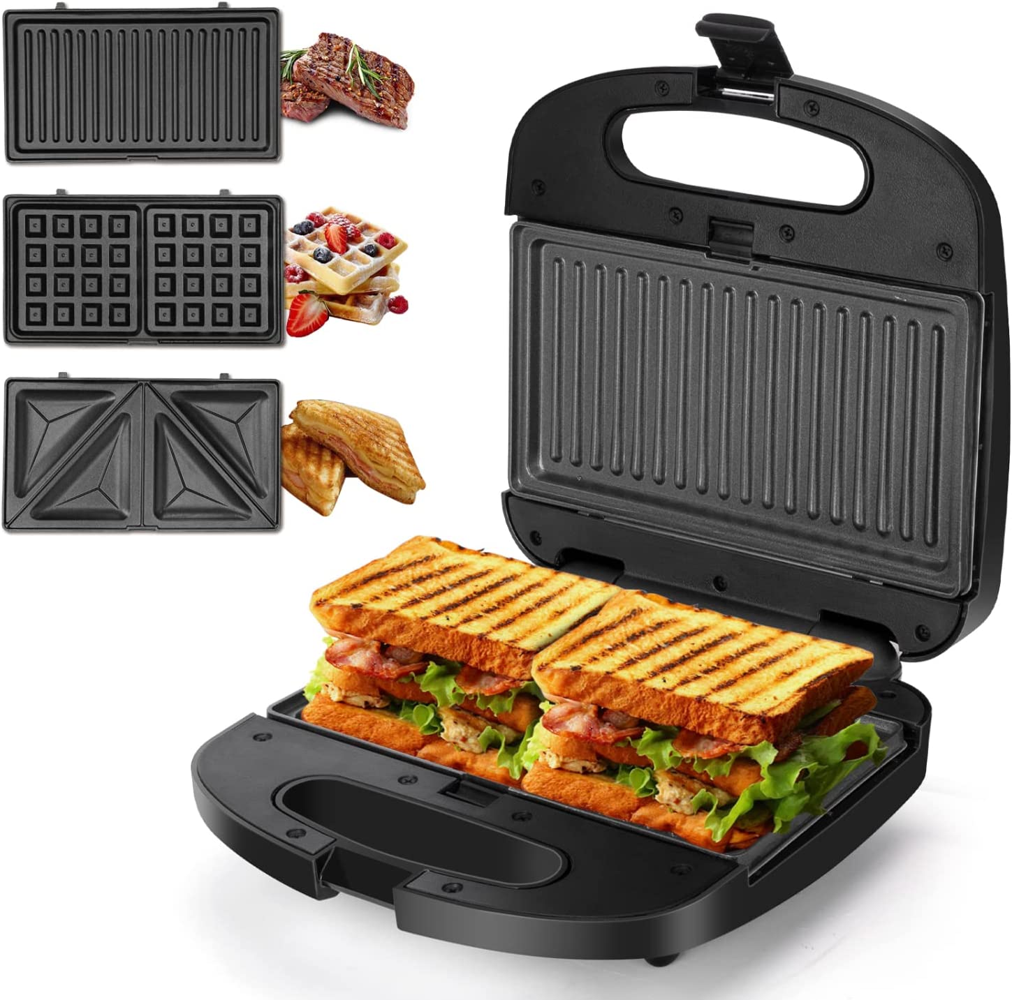 Aigostar Sandwich Maker 3 in 1, Contact Grill, Waffle Iron, 800 W, Non-Stick Coated Plates & Dishwasher Safe, Sandwich Toaster, Quick Heating, Vertical Storage, Non-Slip Feet, BPA Free